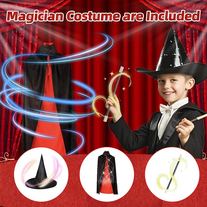 Magic Tricks Kit, 30 in 1 Magic Tricks Set for Kids Age 6 7 8 9 10 11 12, Magician Costume for Pretend Play & Step-by-Step Video Instruction for Beginners, Christmas Halloween Birthday Gifts for Kids