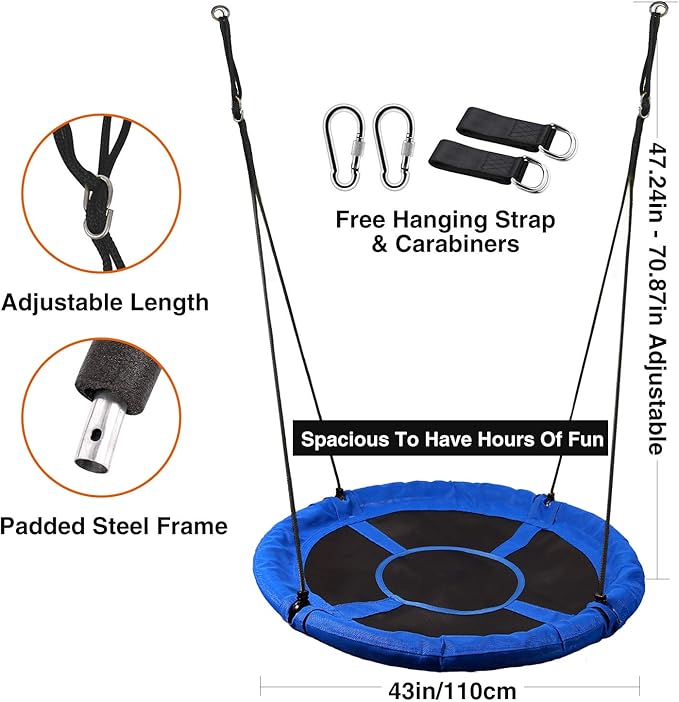 RedSwing 43" Flying Saucer Swing for Kids Outdoor, Large Round Tire Swings for Trees and Swingset, Strong Heavy Duty for Outside Playground, 500LBS Weight Capacity, Blue