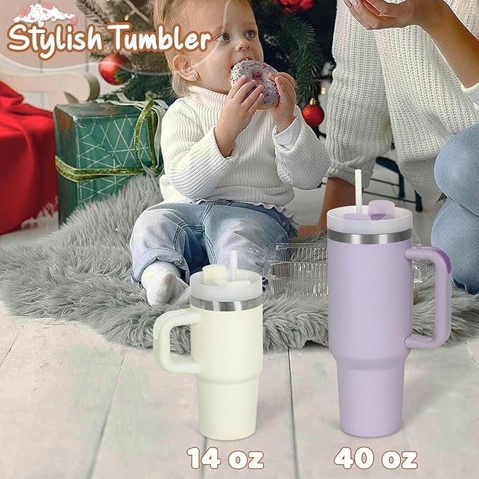 Cosictic 14 Oz Tumbler with Handle and Straw for Kids, Stainless Steel Double Wall Vacuum Insulated Cup for Children, 14 Oz Cups for Kids (Cream)