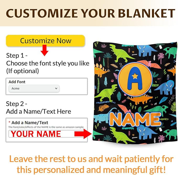 Blankets for Boys Personalized Monogram Throws Gifts, Custom Name Soft Cozy Cute Dinosaur Blanket for Kids Toddlers Teens Accessories Decor for Sofa Couch Bedroom Living Room Home