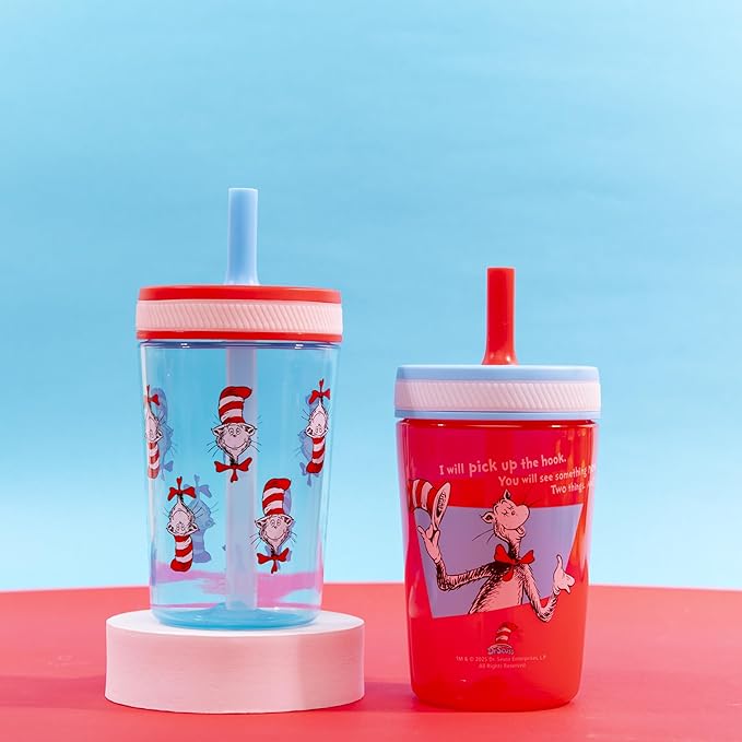 Zak Designs Dr. Seuss Kelso Toddler Cups For Travel or At Home, 15oz 2-Pack Durable Plastic Sippy Cups With Leak-Proof Design is Perfect for Kids (The Cat in the Hat)