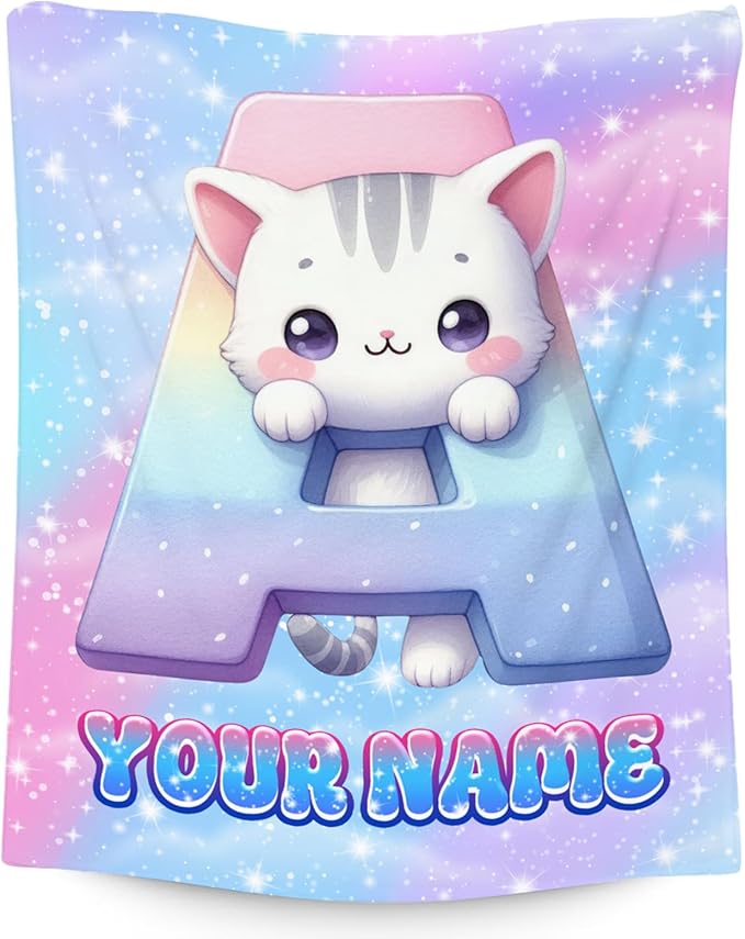 Girls Blanket - Personalized Cat Blankets with Name for Kids - Custom Monogram Gifts for Daughter - Plush Cozy Flannel Throws - 4 Sizes for Toddler/Children/Teens/Adults