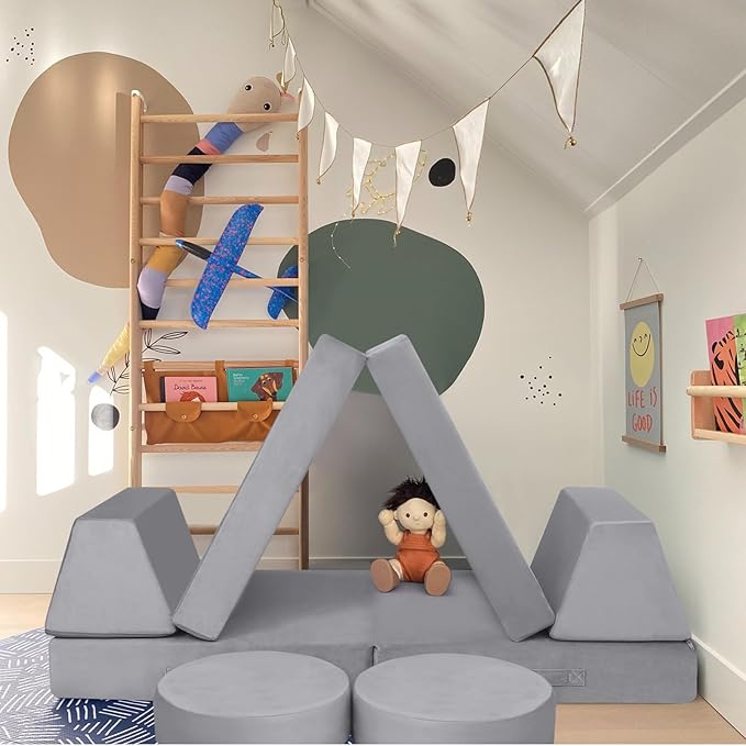 MeMoreCool Kids Modular Play Couch – Compact Foam Explorer Sofa for Toddlers, Grey | Fold-Out Fort Building Blocks, Washable Covers, Ideal for Small Spaces & Playrooms