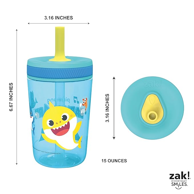 Zak Designs 15oz Baby Shark Kelso Tumbler Set, Leak-Proof Screw-On Lid with Straw Made of Durable Plastic and Silicone, Perfect Bundle for Kids (2pcs Set)
