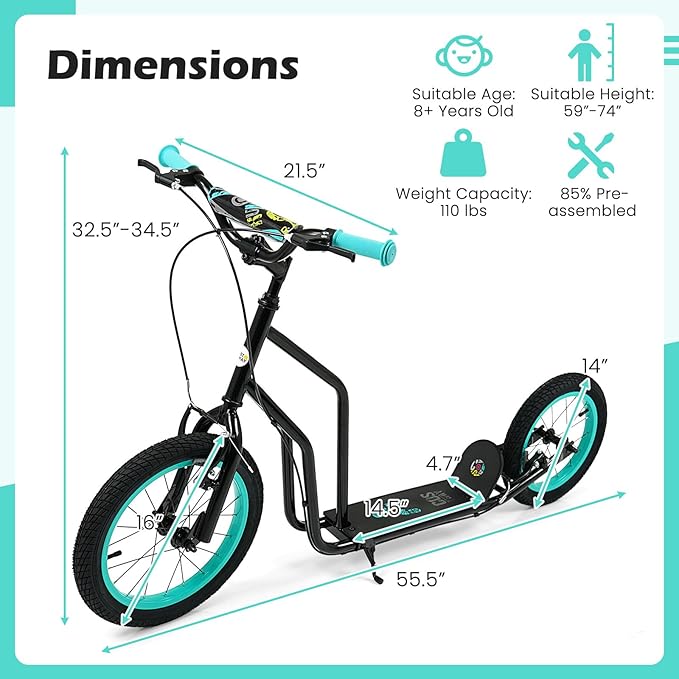 GYMAX Youth Scooter, Height Adjustable Kick Scooters with Extra Large Inflatable 16” Front & 14” Rear Wheels, Dual Hand Brakes & Kickstand, Heavy Duty Scooter for Teens Adults