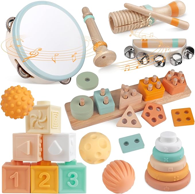 Montessori Toys Wooden Musical Instruments for Kids, Percussion Instruments Music Toy Set with Tambourine, Handbells, Clarinet, Sounder for Toddlers, Educational Toys for Baby (Natural Color)