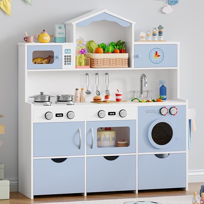 Keyluv Wooden Play Kitchen for Kids and Toddler, Montessori Toy Kitchen Playset with Plenty of Pretend Play Features and Storage Drawers, Gift for Boys and Girls, Blue