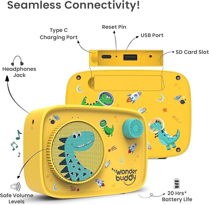 WonderBuddy Kids Story Box Audio Player, 500+ Preloaded Stories & Rhymes, Story Writing DIY Art Kit, Voice Recorder, Content Upgrade, Bluetooth, Birthday Gift for Boys Girls 3+ Years- Dino