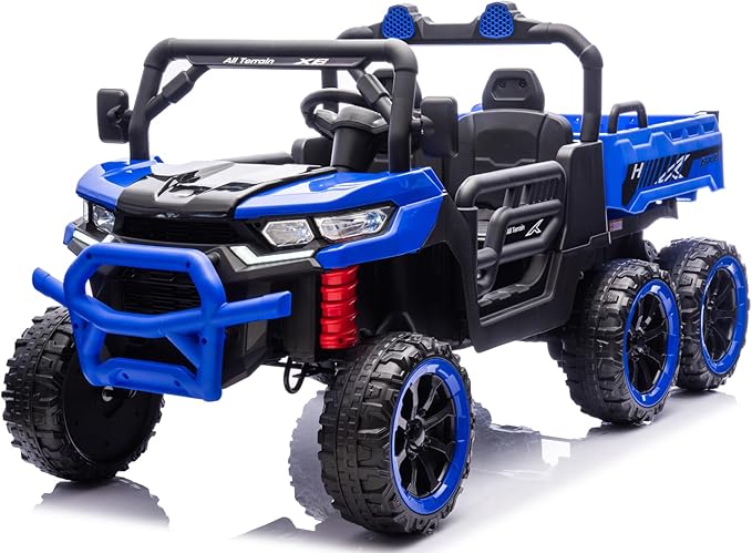 24V UTV 2 Seater Dump Truck with Remote Control, Electric Dump Bed, 4WD Power Ride on Truck Cars 6x6 Wheels, Music, Storage Trunk, Shovel for Kids-Blue