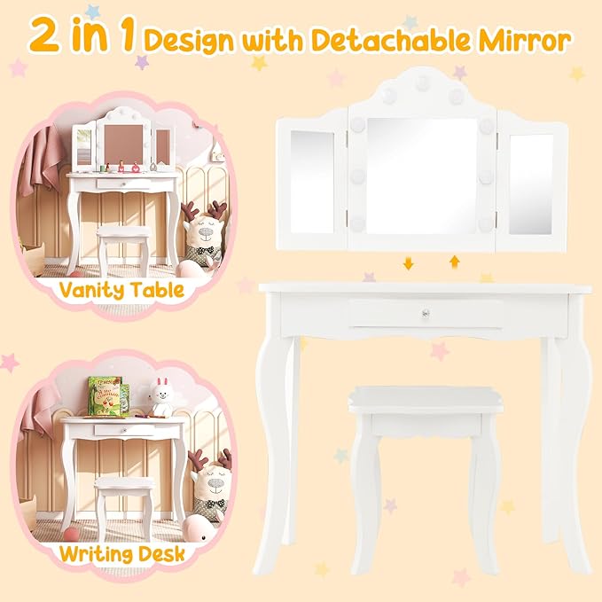 Costzon Kids Vanity, Girls Vanity Set with Mirror and Stool and Lights, Drawer, 2 in 1 Wooden Princess Makeup Desk Dressing Table, Toddler Vanity, Pretend Play Kids Vanity Table and Chair Set (White)
