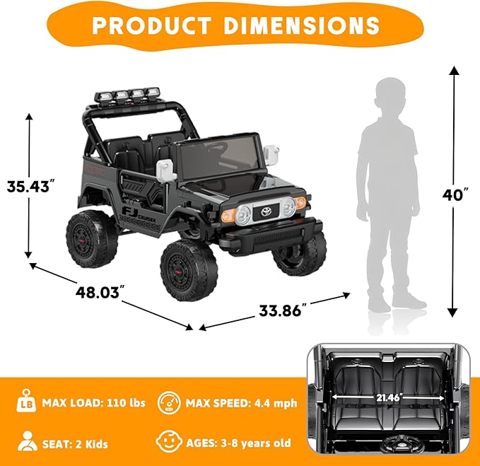 24V Ride on Toys for Kids, Licensed Toyota FJ, 2 Seater Ride on Car with Remote Control, Electric Car w/ 4-Wheeler Suspension, Led Light, Music, USB, Electric Vehicle for Age 3-8, Black