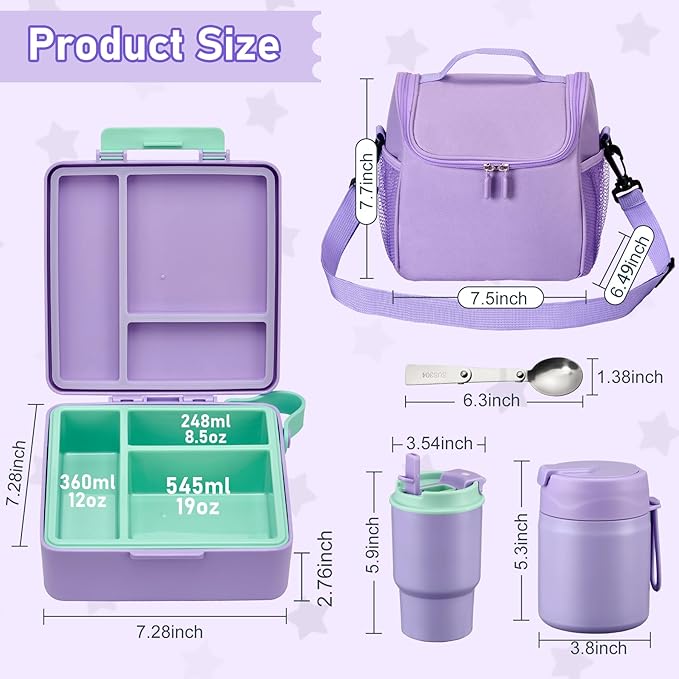 Bento Lunch Box for Kids with 17oz Soup Thermo,Insulated Tumbler Water Bottle and Insulated Lunch Bag,Leak-Proof 3 Compartment Lunch Food Container with Ice Pack for Kids to School-Purple