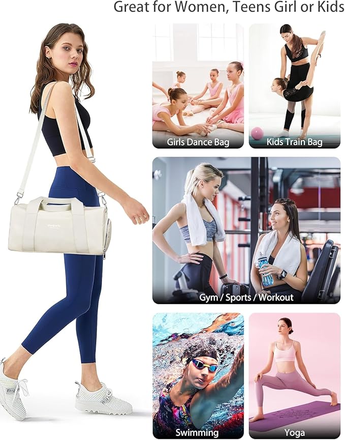 Compact Sports Gym Bag for Women, Cute Mini Duffle Bag with Wet Pocket & Shoes Compartment, Personal Item Travel Workout Bag, 16"-Small, Beige