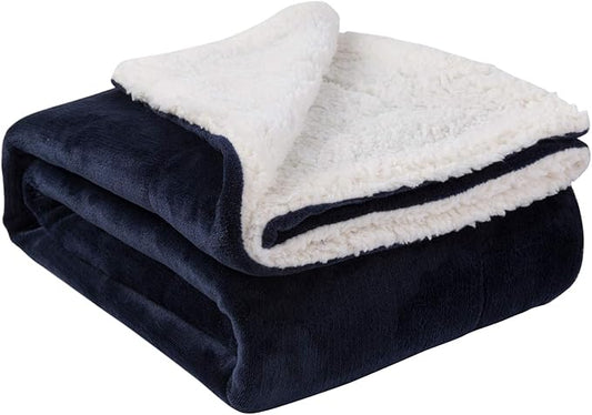 NANPIPER Sherpa Blanket - Super Soft Fuzzy Flannel Fleece/Wool Like Reversible Velvet Plush, Thick Warm for Winter (Twin Size 60"x80", Navy Blue)