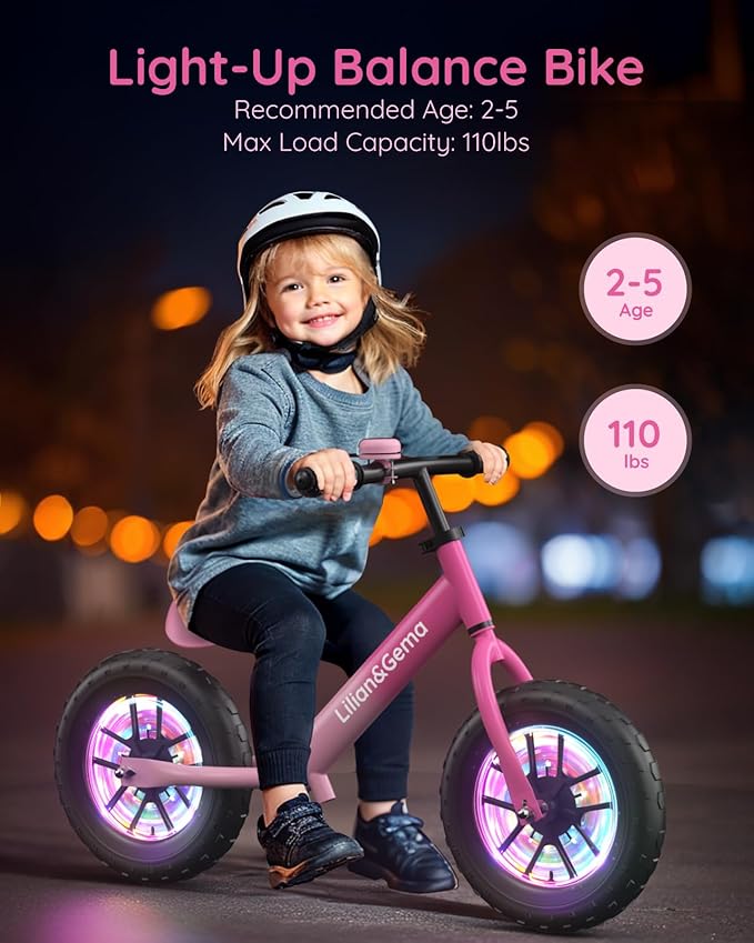 Lilian&Gema Toddler Balance Bike Colorful Lighting, 12'' Kids Balance Bike for 2-5 Years Old with Adjustable Seat & Handlebar, Toddler Gift Bike Suitable for Boys and Girls Ages 2 3 4 5