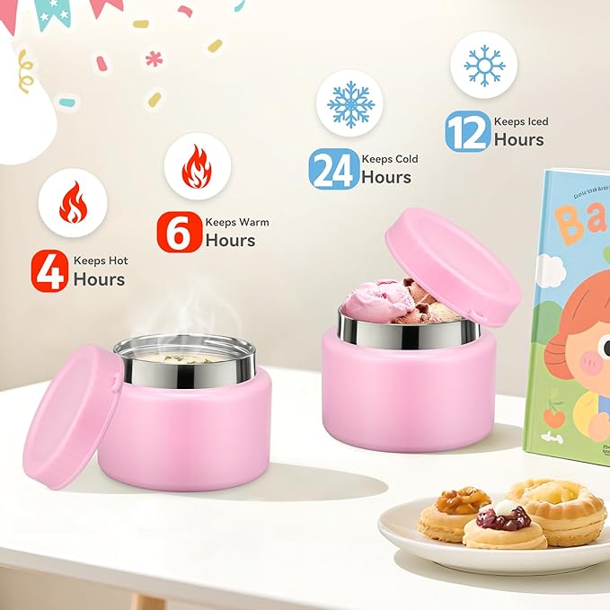Kids Bento Lunch Box with 12oz Soup Thermo, Kids Leakproof Lunch Food Containers with 4 Compartment,Insulated Hot Food Jar with Lunch Bag for School, Travel (Pink+Pink Jar)