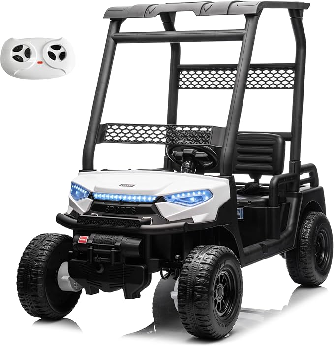 24V 2 Seater Kids Ride on Car, 4WD Golf Cart with Parent Remote Control, 4x4 Motors Ride on Truck with Roof, Toddler Electric Vehicle with Storage Box, Foot Pedal, Music Player, Lights, Horn, White