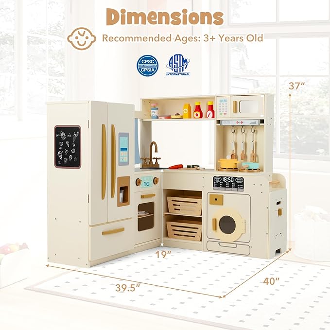 Costzon Corner Kitchen Playset, Kitchen Toy Set w/Real Lights & Sounds, Large Fridge, Ice Maker, Oven, Microwave, Washer, Trash Can & 22 Accessories, Wooden Pretend Play Kitchen for Kids 3+ (Beige)