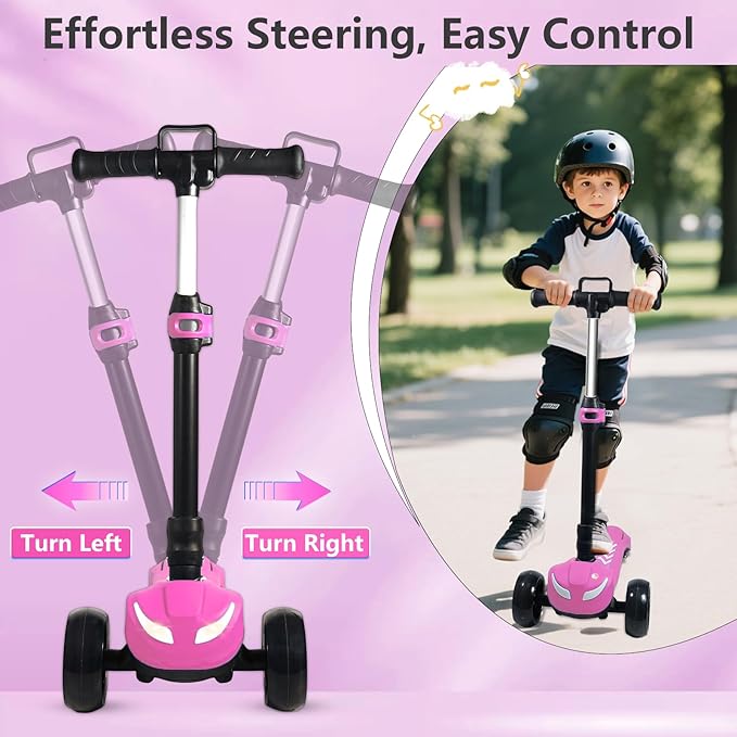 Balance Electric Scooter for Kids Ages 3-12, Full Body Lights Up, Stickers, Wide Deck, 3 Adjustable Heights, 5MPH Safe Speed, 90min Riding, Foldable 3 Wheel Electric Scooter for Kids Boys Girls, Pink