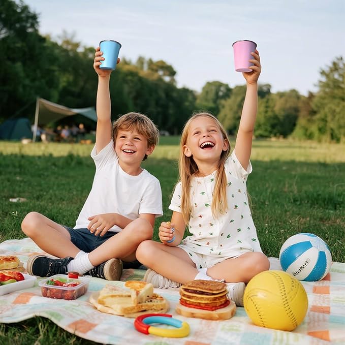 LOZACHE Stainless Steel Cups for Kids, 4 Pack 12oz Metal Cups Pint Tumbler Premium Camping Drinking Glasses Stackable Pint Tumblers for Boys Girls Children Adults, BPA Free, Unbreakable