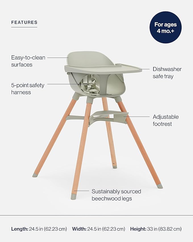Lalo The Chair Convertible 3-in-1 High Chair for Babies & Toddlers, Dishwasher Safe Tray, Adjustable Footrest, Sage