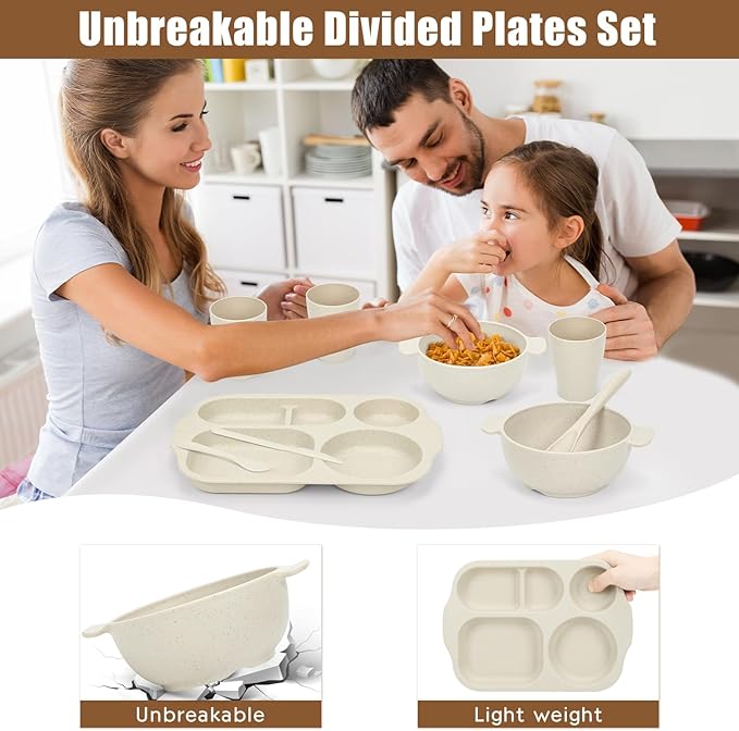 24 PCS Wheat Straw Dinnerware Set for Kids Toddler Plate Bowl Cup Set Unbreakable BPA-Free Tableware with Divided Plate Microwave Dishwasher Safe Perfect for Home School Picnics