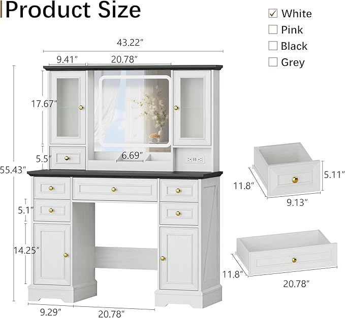 43'' Makeup Vanity with Mirror and Lights, Farmhouse Vanity Desk with Drawers & Charging Station, 3 Lighting Modes & Adjustable Brightness, Glass Cabinet, Dressing Table for Bedroom, White