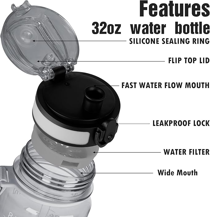 OLDLEY Water Bottle, 32oz Motivational Sports Water Bottle with Time Marker - Times to Drink - Tritan, BPA Free, Wide Mouth Leakproof,Smoke Grey (1 Bottle)