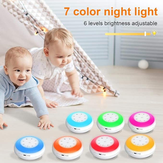 Portable White Noise Sound Machine for Baby, Kids, Adults Sleep - 24 Soothing Natural Sounds, 7 Color Night Light, Portable Wireless Bluetooth Speaker for Home, Travel, Nursery, Office