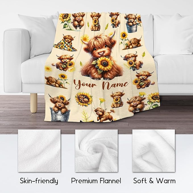 Personalized Kids Blankets with Name, Highland Cow Blanket Gifts for Girls, Custom Cow Gifts with Sunflower, Warm Flannel Throw for Couch, 40"x50"