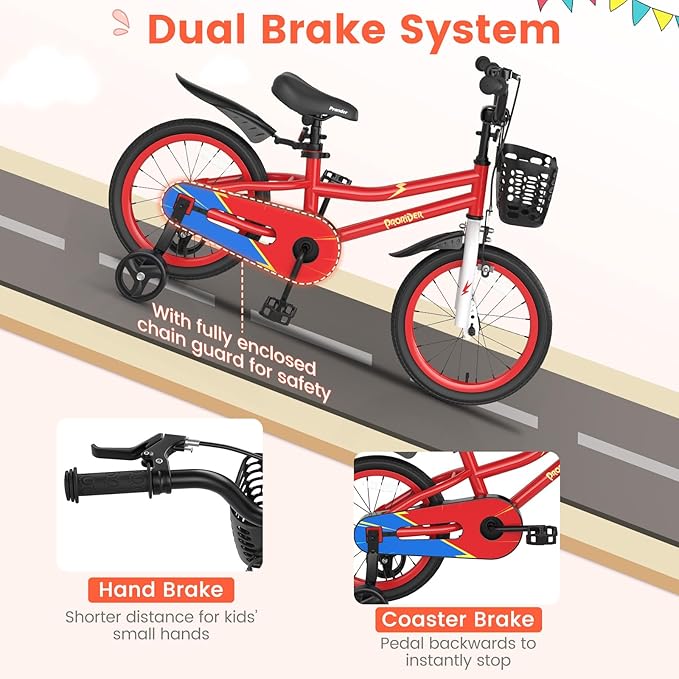 BABY JOY Kids Bike, 12 14 16 18 Inch Children Bikes for Boys Girls Age 3-8 Years w/Training Wheels, Handbrake, Coaster Brake & Removable Basket, Kids Bicycle of Multiple Colors