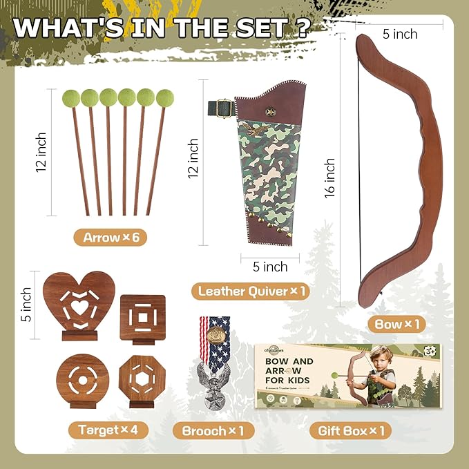 Kids Bow and Arrow Set - Wooden Bow Archery Toy in Camouflage for Ages 3+ with 6 Arrows, 4 Targets, Leather Quiver & Brooch | Indoor/Outdoor Kids Toys for Boys & Girls