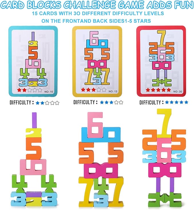 Wooden Number Building Blocks, 1-10 Digital Building Blocks for Kids 3+, Math Learning Tools Digital Blocks Toys, Stacking Blocks Balance Game Toy, Educational Toy Gift for Boys Girls