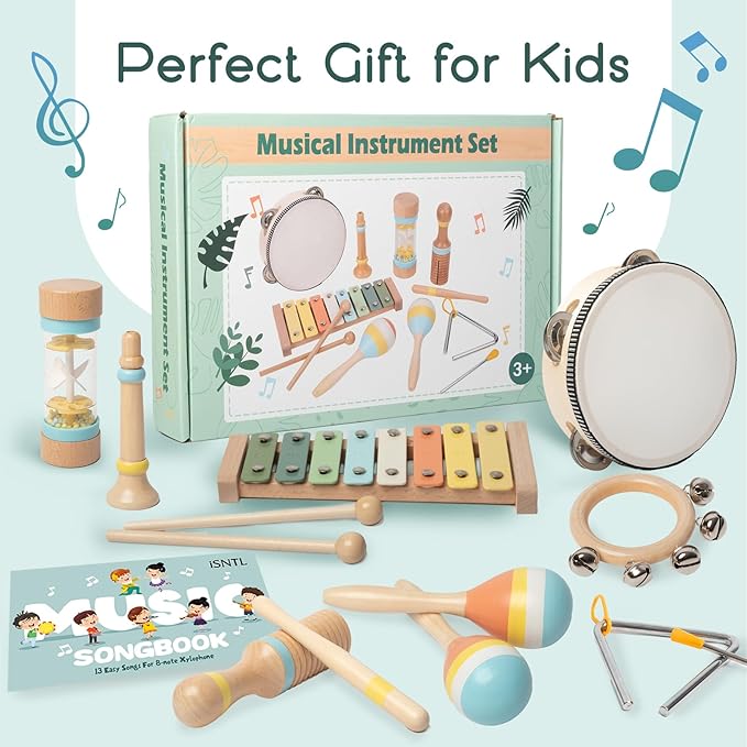 Baby Musical Instruments - Wooden Montessori Toys for Toddlers,Modern Boho Xylophone Includes Songbook with 13 Kids' Songs,Neutral Colors Wooden Percussion Instruments Set