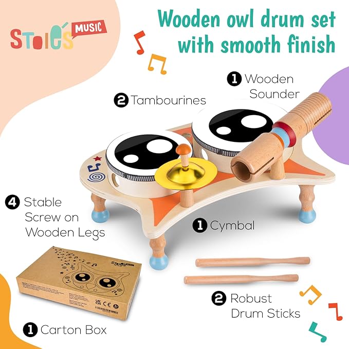 Stoie's Owl Drum Set for Babies and Toddlers, Wooden Percussion Musical Instruments for Kids, Eco Friendly, Montessori Educational Toy for Girls and Boys