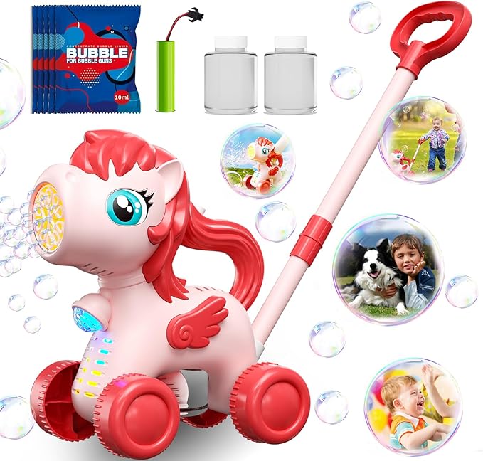 Pink Bubble Lawn Mower for Toddlers, Automatic Bubble Machine Maker for Kids, Summer Outdoor Yard Garden Activity Push Toys, Birthday Gift for Boys Girls 3 4 5 Year Old