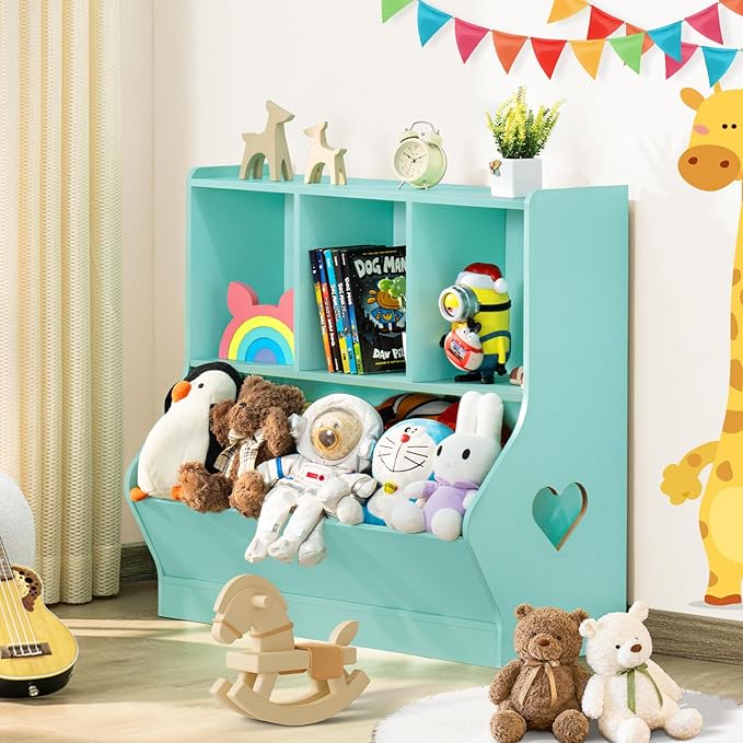 Lerliuo Kids Storage Organizer, Children Small Bookcase and Bookshelf, Toddler 4 Cubby Cabinet, Wood Book Shelf for Playroom, Bedroom, Living Room, Nursery, School 30.51'' H (Green)