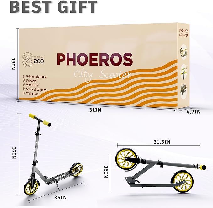 PHOEROS Kick Scooter for Kids Ages 6-12,Teens & Adults, Youth. Lightweight Aluminum Kick Scooter for Teens Adults Boys Girls with 8 inch Big Wheels, Foldable, 3 Height Adjustable, Shock Absorption.