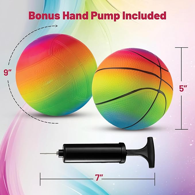 Bedwina Mini Rainbow Sports Balls - 5 Inch (Pack of 4) Inflatable Vinyl Balls for Kids and Toddlers with Hand Air Pump, Basketball, Volleyball, Soccer for Playground, Indoor and Outdoor