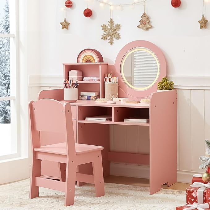 Toddler Vanity with Lighted Mirror, Kids Vanity Table and Chair Set with Open Bookshelf, Storage Cabinet & Shelves, Pink Dressing Table for Girls