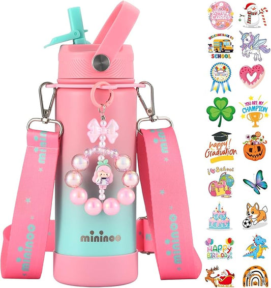 Mininoo Insulated Stainless Steel Kids Water Bottle for School with Straw Lid & Strap, 50 Stickers, 18 oz(Pink/Sky)