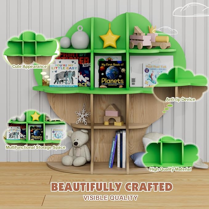 Light Green Tree Kids Bookshelf Toddler Bookcase 4-Tier Baby Book Rack Children Toy Storage Organizer Forest Wood Display Shelf Nursery Playroom Bedroom Classroom School Homeschooling Boy Girl’s Gift