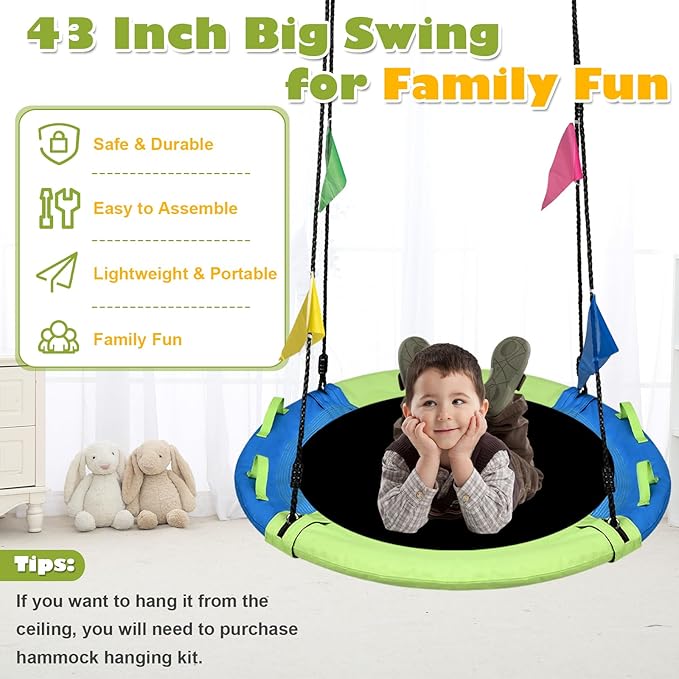 43 Inch Tree Swing, Saucer Swing Sets for Kids, Come with 360 Degree Swivel and Adjustable Hanging Strap, Green and Blue