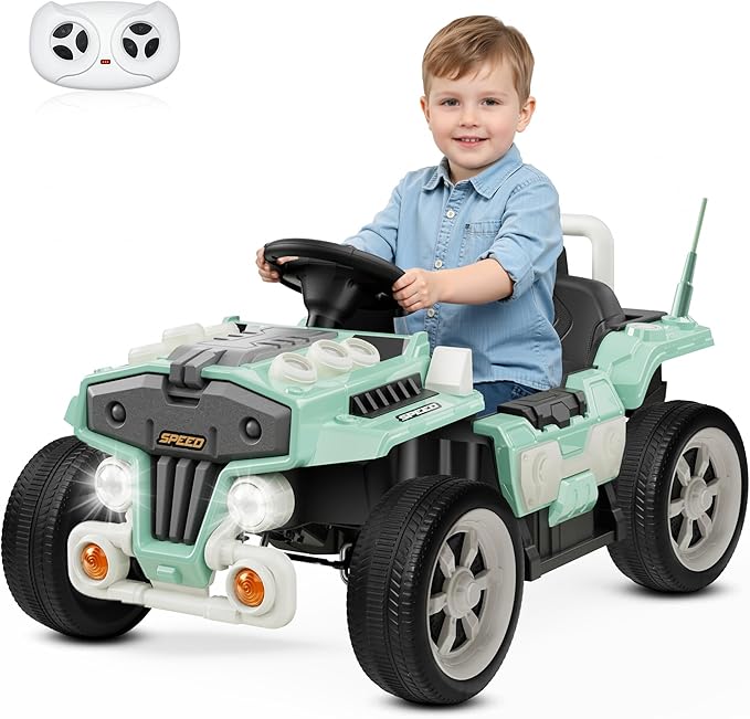ANPABO 12V Ride On Truck Car with Remote Control, Kids Electric Car with Bluetooth Music, Horn, 3 Speeds, LED Lights, Soft Start, Ride on Toys for Toddler Boys & Girls (Green)