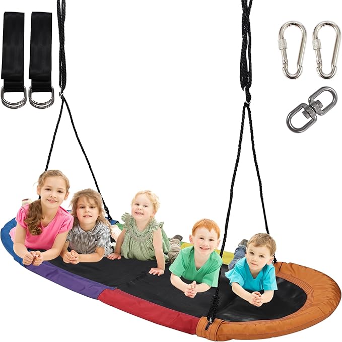 RedSwing 65" Saucer Swing for Kids, Giant Platform Swing for Outdoor Playground, Flying Oval Surf Swing Strong Heavy Duty, 500lbs Weight Capacity, Easy to Asssemble, Rainbow