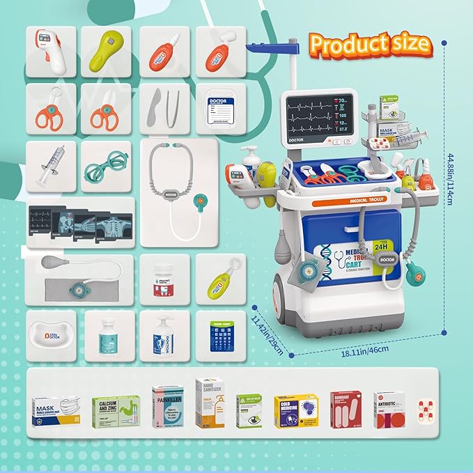 Doctor Kit for Kids Pretend Medical Station Set for Boys & Girls Mobile Cart with Kids Play Set for Ages 3 and Up Children Role Play Educational Toys (Blue)