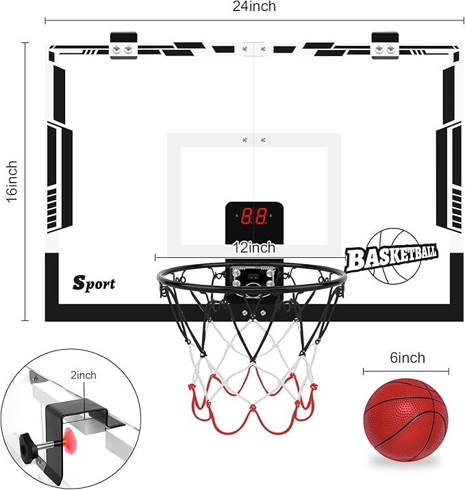 Large Basketball Hoop Indoor, 24" x 16" Mini Basketball Hoop for Kids, Over The Door Basketball Hoop with Scoreboard, Balls & Pump, Sport Toys for Teens Adults Boys Girls Office Bedroom