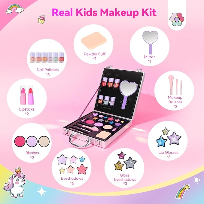 SAVILAND Kids Makeup Sets for Girls 5-8: All-in-1 Creative Makeup for Kids Real Washable Toddler Makeup Kit with Cosmetic Case Nail Polish Lipstick Blush Girls Birthday Christmas Gifts 28 PCS