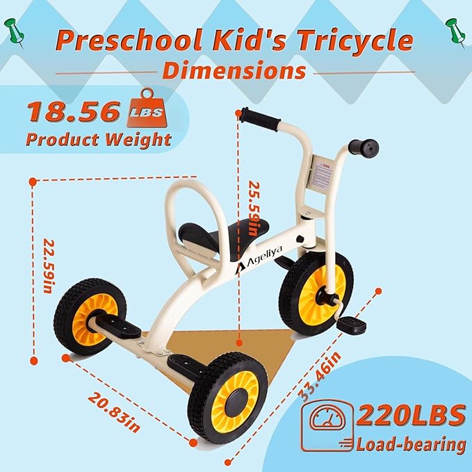 Kids Tricycle for Preschool Ages 3+, Ideal Outdoor Playground & Daycare Yard Trikes, Durable Metal Pedal Trike Gift for Boys and Girls, Sturdy Carbon Steel Frame, Inflation-Free Rubber Wheels