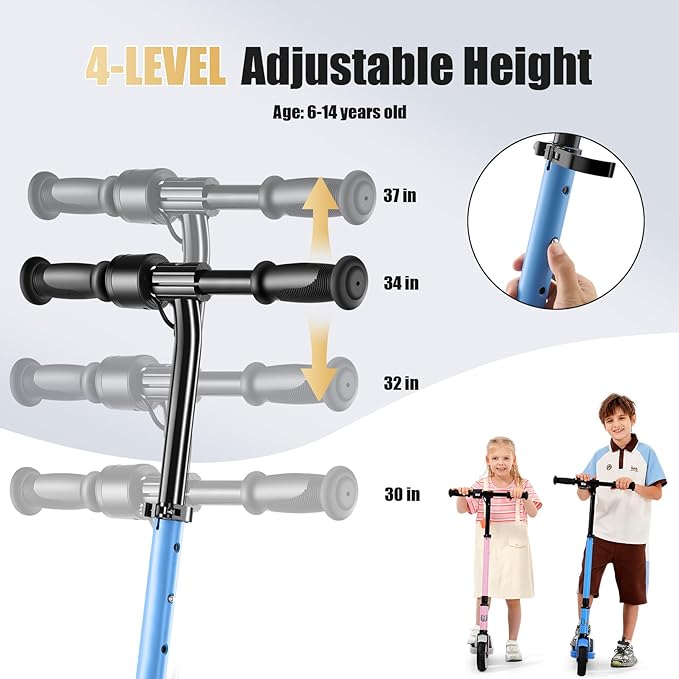 Caroma Electric Scooter for Kids Ages 6-14, 180W/150W Motor & 10 Mph, 85 Mins Ride Time, Adjustable Height & Speed, LED Display & Colorful Lights, Kids Electric Scooter, Best Gifts for Girls and Boy